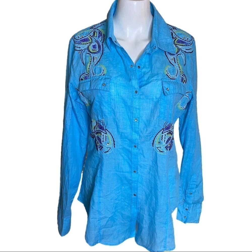 Women's Embroidered Blue Button-Front Shirt